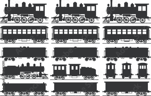 Collection of train silhouettes including locomotives, passenger cars, freight cars, cabooses, and boxcars, arranged in rows, isolated on white background for transport design concepts.