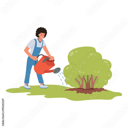 An illustration of a gardener watering a newly planted bush with a watering can. Conceptually representing agriculture, gardening, and environmental awareness.