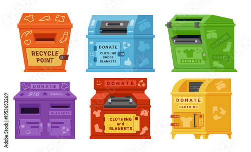 A set of clothing donation containers for public spaces. Donation boxes for public spaces. Containers for sorting and recycling fabric, social support, and clothing exchange.