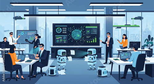 Business people and robots working together in modern office.