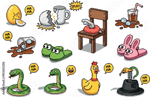 Funny and humorous cartoon illustrations of messy and chaotic situations with objects like eggs, cups, and shoes