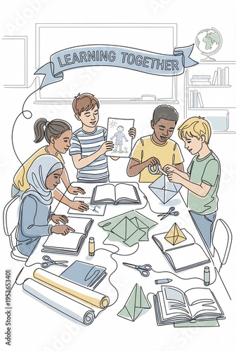 Group of diverse children engaged in creative learning activities at a table, working on paper crafts with books and supplies in a classroom setting