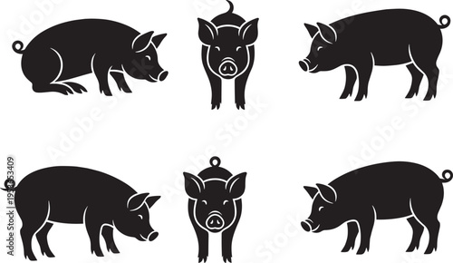 Six black silhouettes of pigs in different postures and features, arranged in two rows, isolated on white background for farming, animal, and design concepts.