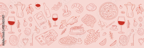 Seamless pattern of italian food and drink in red and white italian cuisine pizza pasta