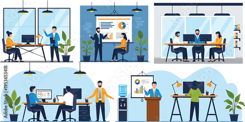 Business people working in modern office diverse team collaborating and presenting ideas.