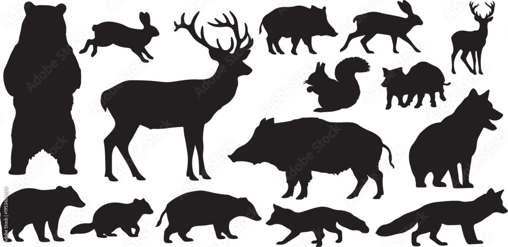 Fototapeta premium Diverse collection of black silhouette forest animals and wildlife icons
