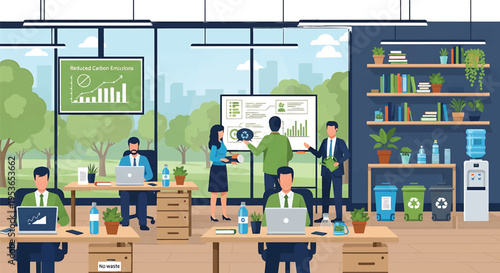 Business professionals collaborating in a modern ecofriendly office environment.