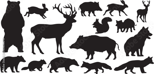 Diverse collection of black silhouette forest animals and wildlife icons