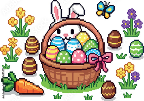 Pixel art Easter bunny in a basket filled with colorful eggs surrounded by springtime flowers, a carrot, and a butterfly, perfect for festive holiday designs