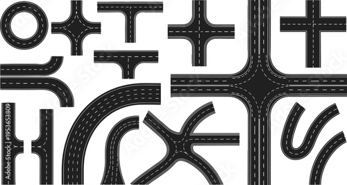 Road map elements collection, asphalt street intersections and curves set, transport route design, urban navigation layout, black vector illustration