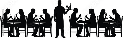 Restaurant dining silhouettes couples eating waiter serving food dinner table social interaction hospitality vector illustration set design concept