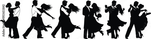 Romantic couple dancing silhouettes love ballroom dance wedding partners elegant movement passion relationship celebration vector illustration set design