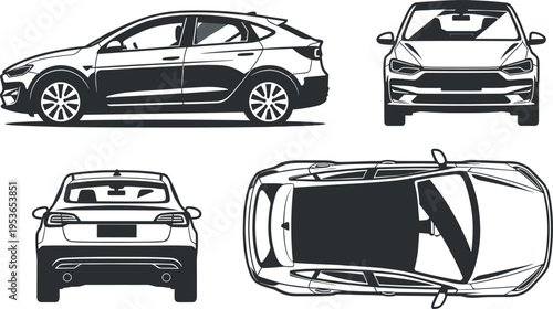 Vector illustration of modern sedan car shown from four perspectives including side, front, rear, and top views, automotive design reference for technical documentation and promotional projects