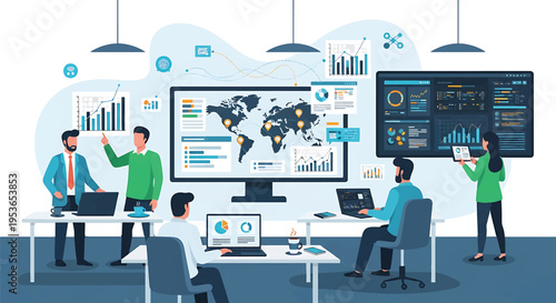 Business team analyzing data on large screens in a modern office.