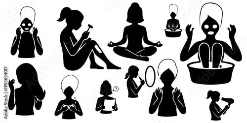 Women self-care and beauty routine silhouettes set, skincare and wellness activities