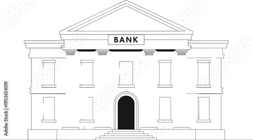 bank building facade classical architecture financial institution line art exterior government finance structure cad drawing flat vector illustration
