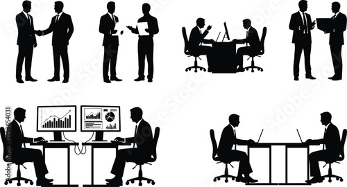 Business collaboration silhouettes set meeting handshake teamwork office discussion analysis corporate communication professionals working scenes vector illustration collection design