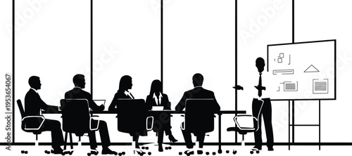 Business meeting presentation silhouette team discussion office conference brainstorming strategy planning corporate training seminar leadership teamwork professional vector illustration