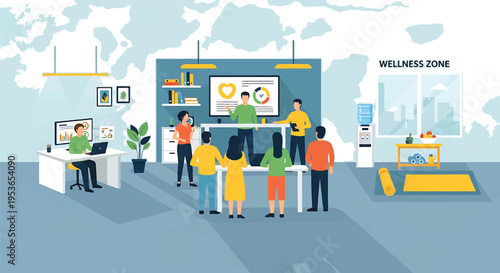 Corporate wellness program with employees engaged in a health seminar.