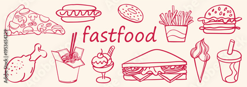 vector various fast food element set . Hand drawn sketch fast food set . abstract fast food elements . Line art set . vector illustration