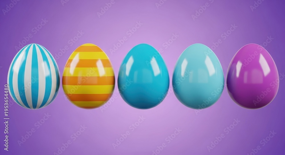 Fototapeta premium A row of five colorful easter eggs with various patterns and shades displayed on a purple background