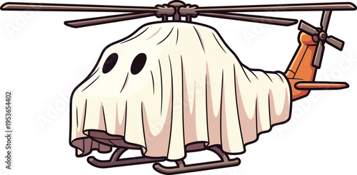 A medium-sized helicopter is comically disguised as a ghost by being completely draped with a white sheet for a spooky theme.