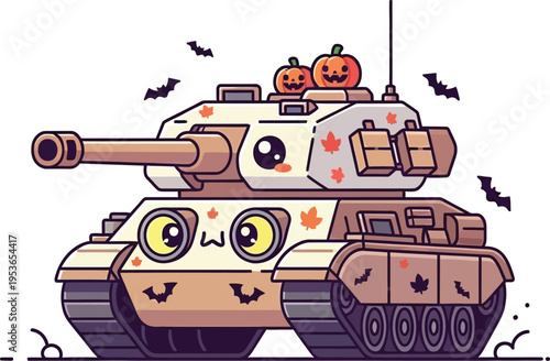 A charming cartoon military tank decorated with autumn maple leaves and jack-o'-lanterns flies with small bats around it for Halloween.