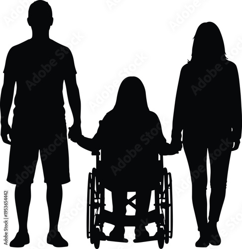 Disabled person wheelchair with family support silhouettes care assistance inclusion togetherness disability aid vector illustration social concept design