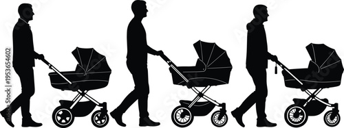 Father pushing baby stroller silhouettes parenting walking outdoor family care child transport lifestyle vector illustration set design concept
