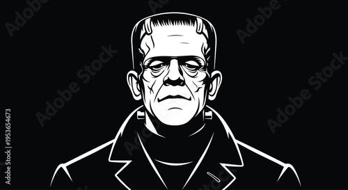 Black and white Frankenstein’s monster illustration with bold lines, flat head, bolts, and dramatic features, perfect for horror art, literature themes, and Halloween design.v