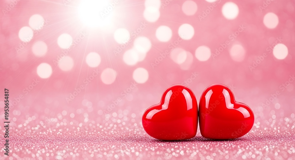 Obraz premium Two bright red hearts sit side-by-side on a sparkling pink glitter surface, with a soft bokeh light effect in the background, creating a romantic and loving atmosphere.