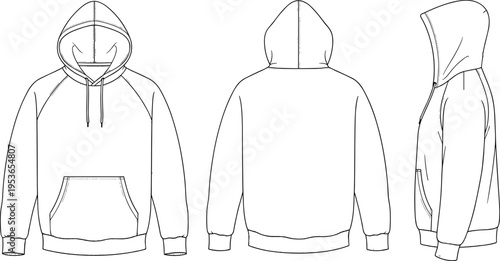 Hoodie sweatshirt template, front back side views, casual apparel mockup, blank clothing design, fashion outline vector, streetwear garment illustration set
