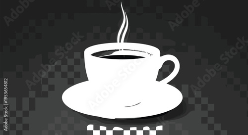 Hot coffee cup illustration, steaming beverage icon, cafe drink concept, morning espresso mug, minimal black white vector, flat design graphic