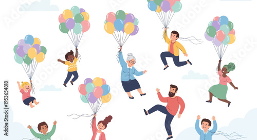 Happy children floating with balloon bunches in playful sky scene