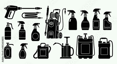 Pressure washer and cleaning equipment silhouette icon collection