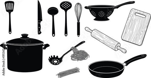 Black and white kitchen utensil illustration featuring spatula, knife, whisk, ladle, pot, pan, colander, rolling pin, and pasta server for culinary art and cooking design.