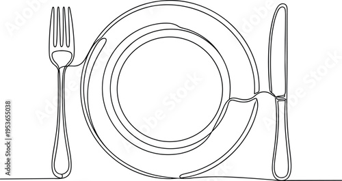 minimal line art dining table setting plate fork knife continuous one line drawing restaurant concept cad drawing flat vector illustration
