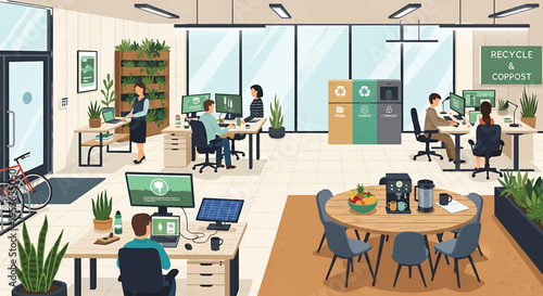 EcoFriendly Office Interior with Employees Working and Recycling Bins.