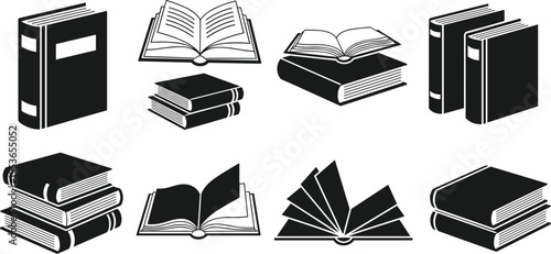 Black and white vector illustration of books in various arrangements, including open and closed styles, stacks, and fanned pages, perfect for education, literature, and design.