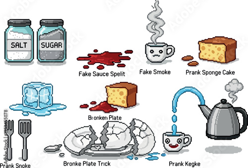A whimsical collection of prank items and their amusing outcomes, including fake smoke, spilled sauce, and broken plates