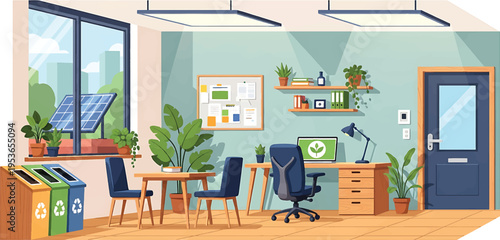 Ecofriendly office interior with sustainable design elements and green technology.