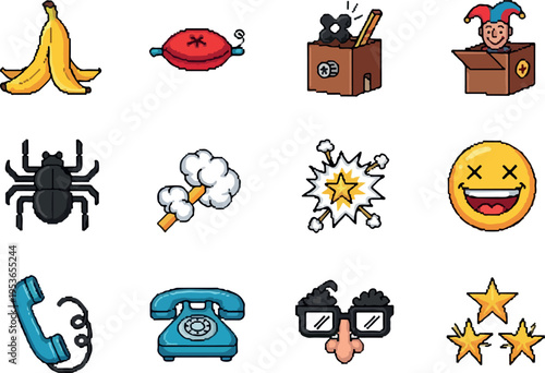 Set of cartoon icons representing various funny objects, cartoon characters, and symbols often used in pranks and humor, including a banana peel, a jack-in-the-box, a spider, and more for comic relief
