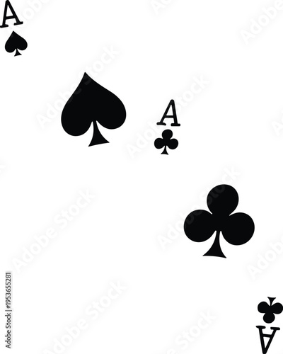 Playing card aces spades clubs symbols scattered casino game poker elements black silhouette vector illustration design concept set
