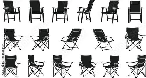 Black and white vector illustration of sixteen chair silhouettes, including rigid dining chairs and foldable camping chairs, perfect for furniture design, outdoor use, and lifestyle themes.
