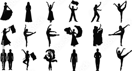 Black silhouette illustration of eighteen dancers in varied poses, including ballet, ballroom, and expressive movements, perfect for performance art, design, and cultural themes.vvv