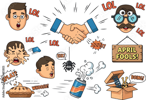 April Fools' Day Prank Illustration Featuring Classic Jokes and Fun Cartoon Elements