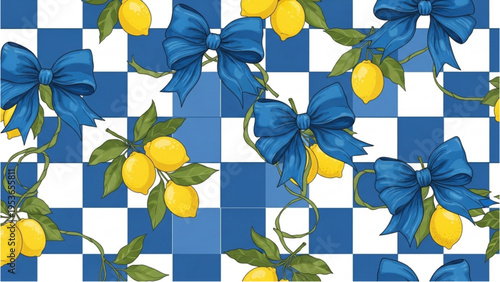 Vibrant blue flowers and lemons on a checkered pattern background
