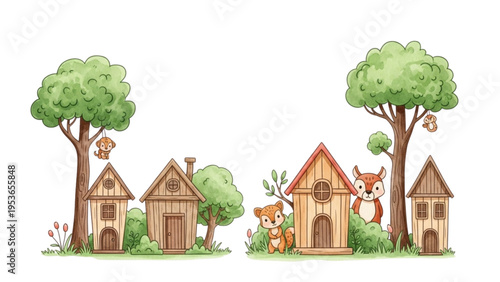 Woodland scene with houses trees and deer in a natural setting outdoors
