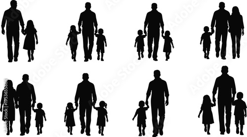 Black silhouette illustration of nine family groupings, including adults and children holding hands, perfect for themes of parenting, bonding, inclusivity, and lifestyle design.