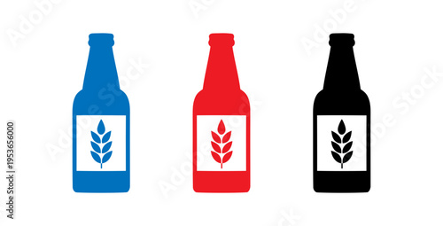 Colorful beer bottle icons featuring a wheat stalk symbol for brewery and beverage branding